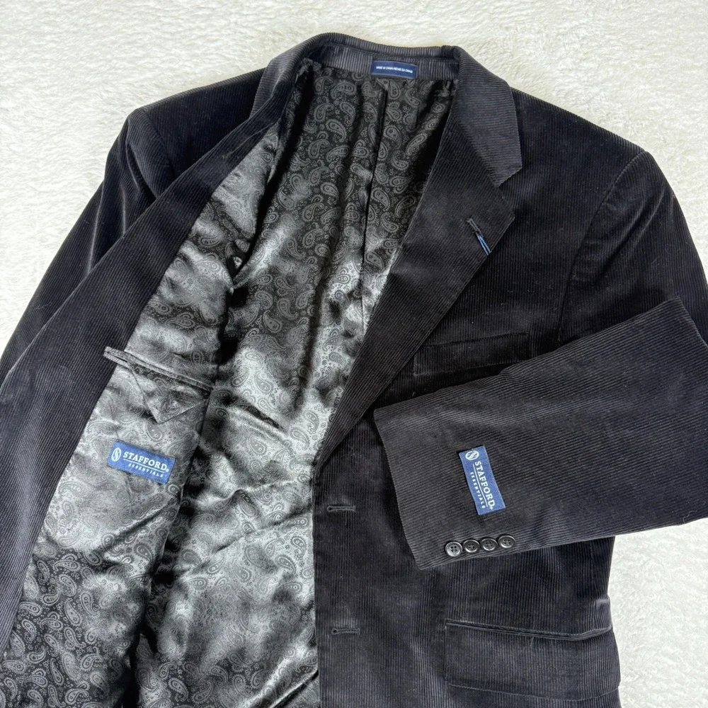NEW Stafford Classic Fit Mens 42 Short Black Corduroy Button Up Blazer C10995
